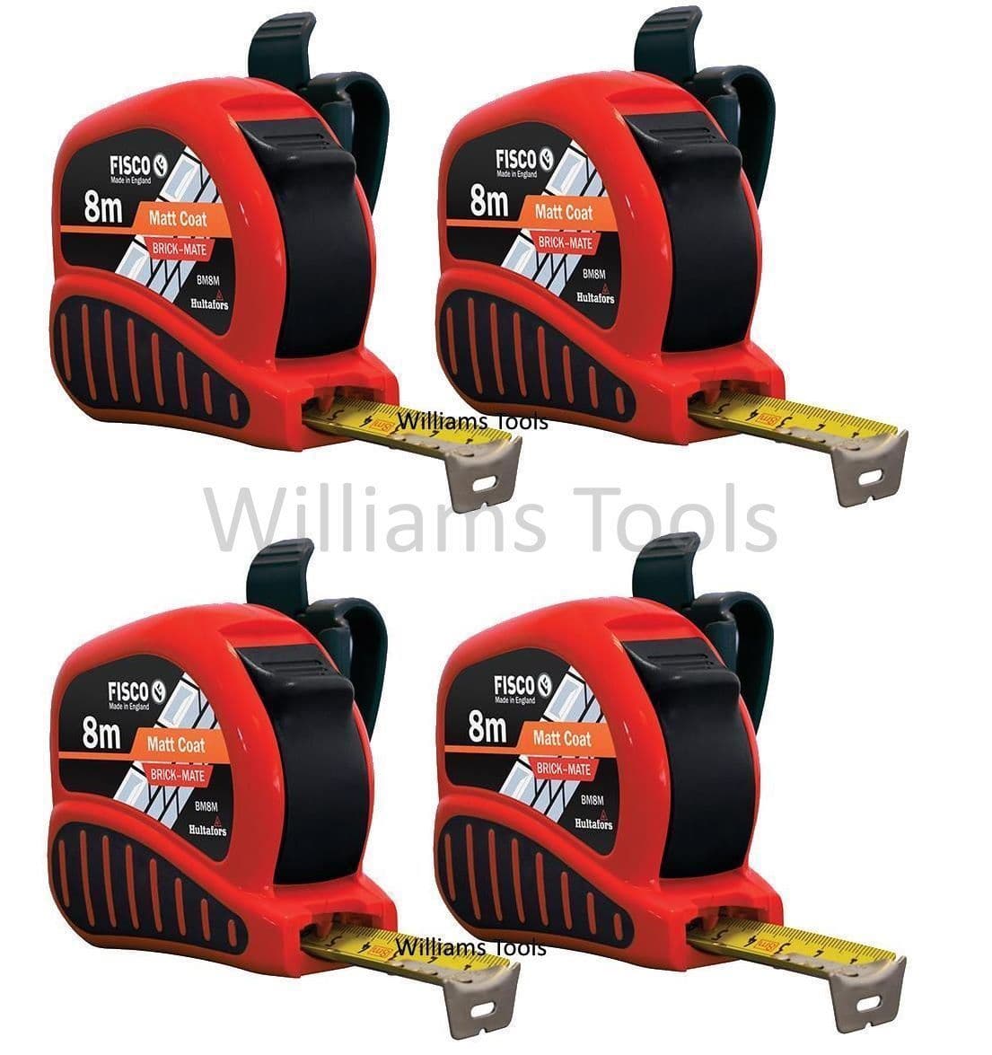4 x Hultafors/Fisco BrickMate Tape Measure 8m Brick Block Courses 25mm Blade Metric Builders